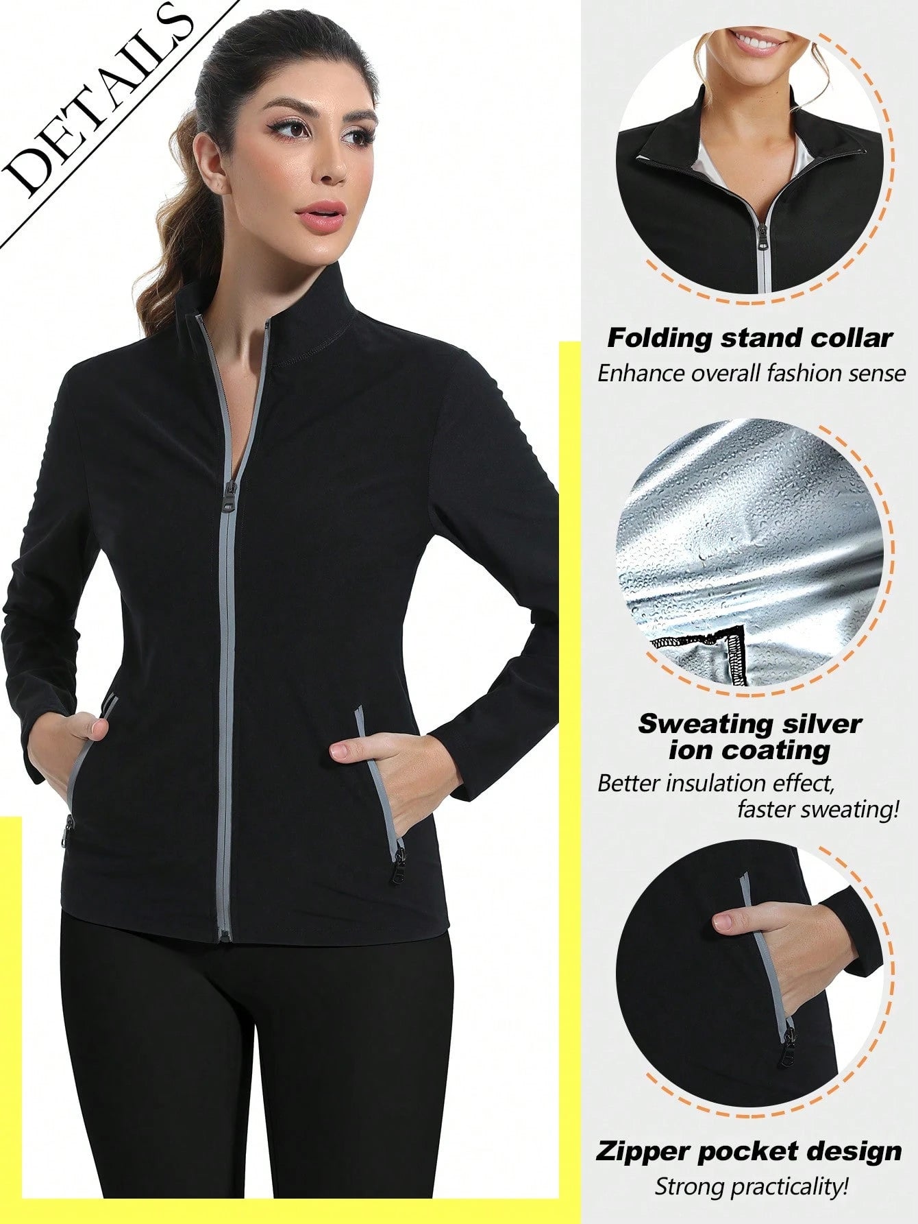 1pc Women's Long Sleeve Stand Collar Sports Sweatshirt, Zippered Moisture Wicking Sauna Suit, Solid Color Sauna Suit For Female Athletes, Yoga Fitness Wear For Weight Loss & Calorie Burning, Sweating
