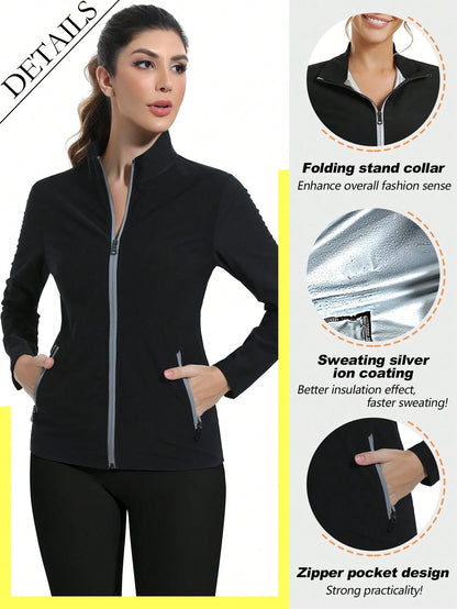 1pc Women's Long Sleeve Stand Collar Sports Sweatshirt, Zippered Moisture Wicking Sauna Suit, Solid Color Sauna Suit For Female Athletes, Yoga Fitness Wear For Weight Loss & Calorie Burning, Sweating