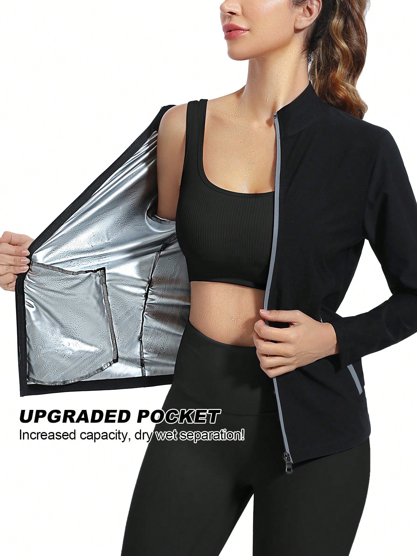 1pc Women's Long Sleeve Stand Collar Sports Sweatshirt, Zippered Moisture Wicking Sauna Suit, Solid Color Sauna Suit For Female Athletes, Yoga Fitness Wear For Weight Loss & Calorie Burning, Sweating