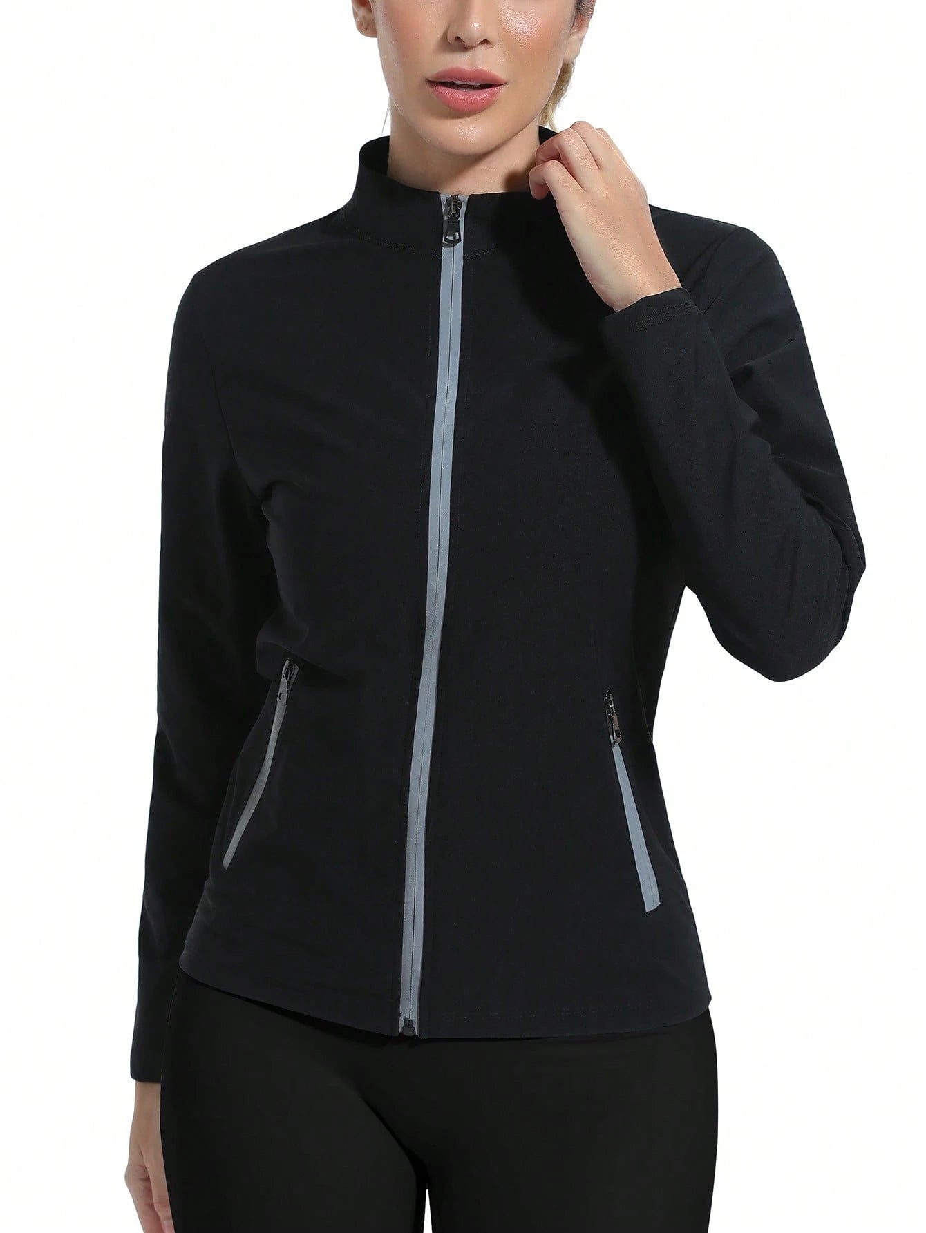 1pc Women's Long Sleeve Stand Collar Sports Sweatshirt, Zippered Moisture Wicking Sauna Suit, Solid Color Sauna Suit For Female Athletes, Yoga Fitness Wear For Weight Loss & Calorie Burning, Sweating