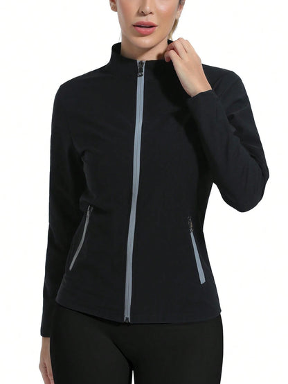 1pc Women's Long Sleeve Stand Collar Sports Sweatshirt, Zippered Moisture Wicking Sauna Suit, Solid Color Sauna Suit For Female Athletes, Yoga Fitness Wear For Weight Loss & Calorie Burning, Sweating