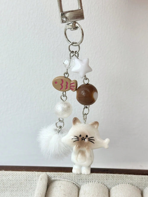 1pc Women's New Korean Cute Cartoon Cat Keychain Heart Plush Ball Star Beaded Accessory Phone Strap Bag Charm Couple/Best Friend Gift Backpack Decor Keychain For Bag Car Accessories For Women