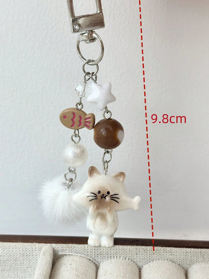 1pc Women's New Korean Cute Cartoon Cat Keychain Heart Plush Ball Star Beaded Accessory Phone Strap Bag Charm Couple/Best Friend Gift Backpack Decor Keychain For Bag Car Accessories For Women