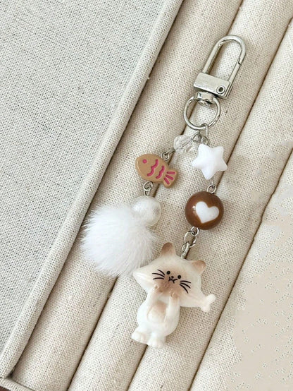 1pc Women's New Korean Cute Cartoon Cat Keychain Heart Plush Ball Star Beaded Accessory Phone Strap Bag Charm Couple/Best Friend Gift Backpack Decor Keychain For Bag Car Accessories For Women