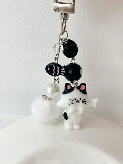 1pc Women's New Korean Cute Cartoon Cat Keychain Heart Plush Ball Star Beaded Accessory Phone Strap Bag Charm Couple/Best Friend Gift Backpack Decor Keychain For Bag Car Accessories For Women
