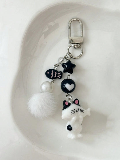 1pc Women's New Korean Cute Cartoon Cat Keychain Heart Plush Ball Star Beaded Accessory Phone Strap Bag Charm Couple/Best Friend Gift Backpack Decor Keychain For Bag Car Accessories For Women