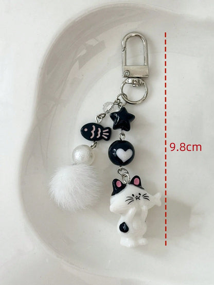 1pc Women's New Korean Cute Cartoon Cat Keychain Heart Plush Ball Star Beaded Accessory Phone Strap Bag Charm Couple/Best Friend Gift Backpack Decor Keychain For Bag Car Accessories For Women