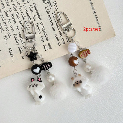 1pc Women's New Korean Cute Cartoon Cat Keychain Heart Plush Ball Star Beaded Accessory Phone Strap Bag Charm Couple/Best Friend Gift Backpack Decor Keychain For Bag Car Accessories For Women