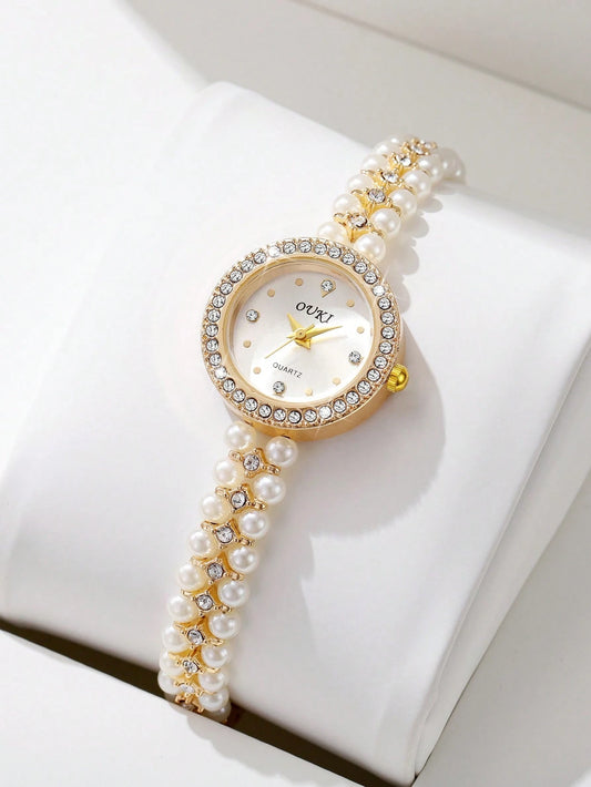 1pc Women's Pearl & Rhinestone Decorated Watch Band With Rhinestone Dial Elegant Quartz Bracelet Watch, Does Not Include Watch Box