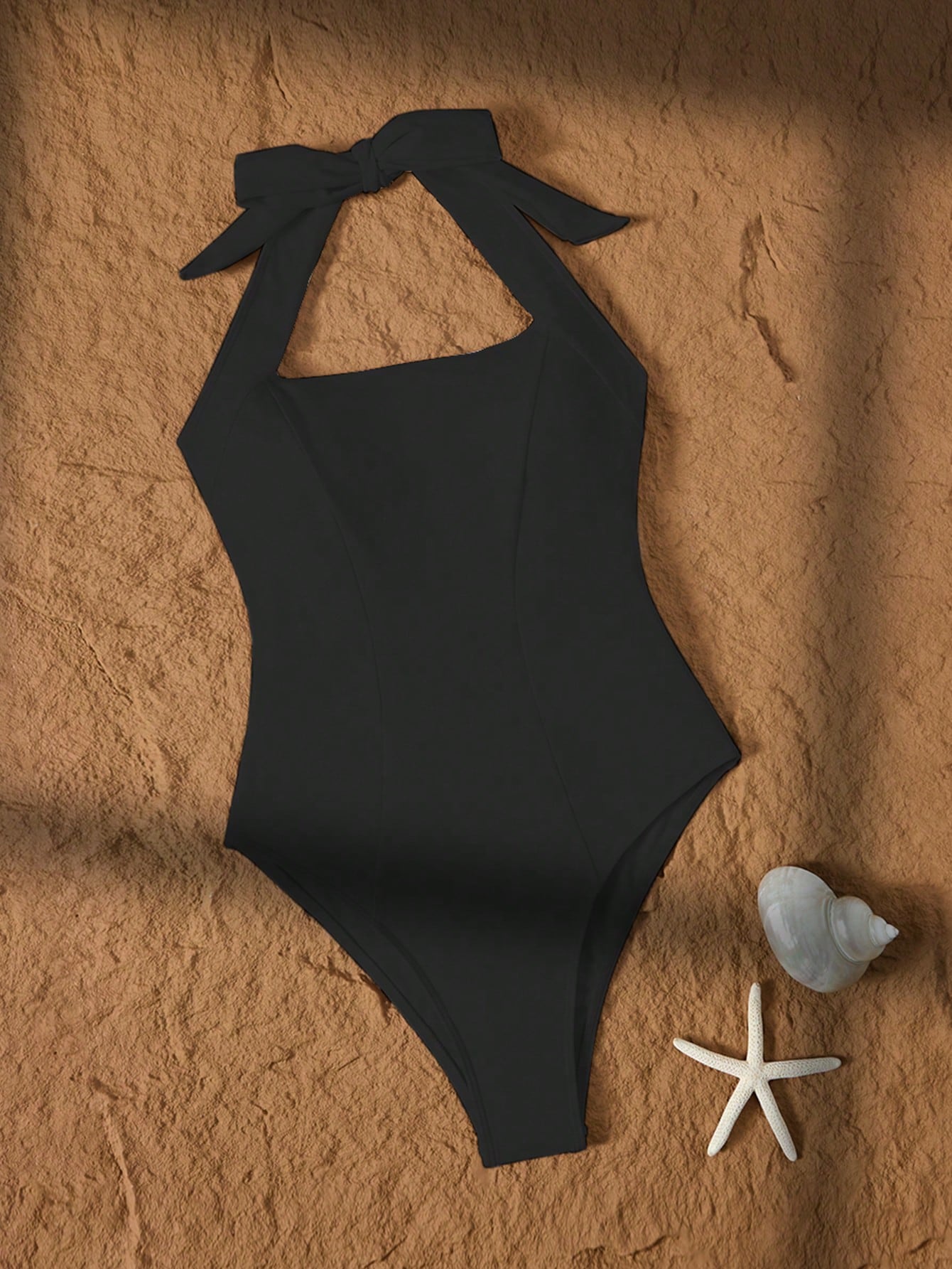 1pc Women's Solid Color Halter Neck Tie Up One-Piece Swimsuit, Casual Style Vacation Beach Black Summer