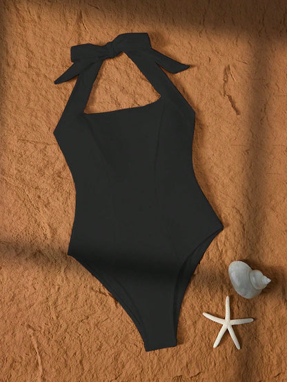 1pc Women's Solid Color Halter Neck Tie Up One-Piece Swimsuit, Casual Style Vacation Beach Black Summer
