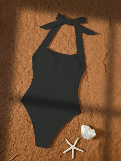 1pc Women's Solid Color Halter Neck Tie Up One-Piece Swimsuit, Casual Style Vacation Beach Black Summer