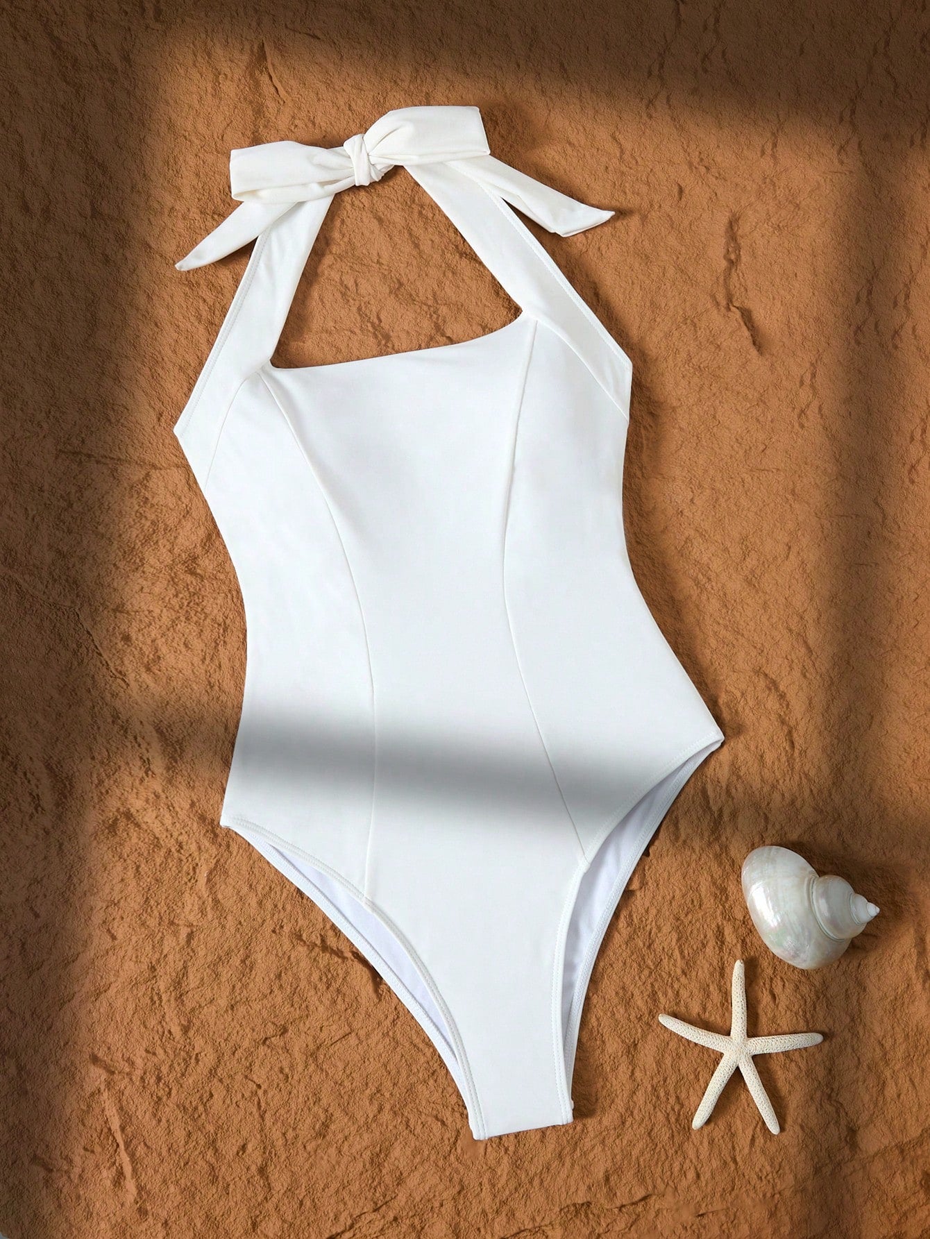 1pc Women's Solid Color Halter Neck Tie Up One-Piece Swimsuit, Casual Style Vacation Beach Black Summer