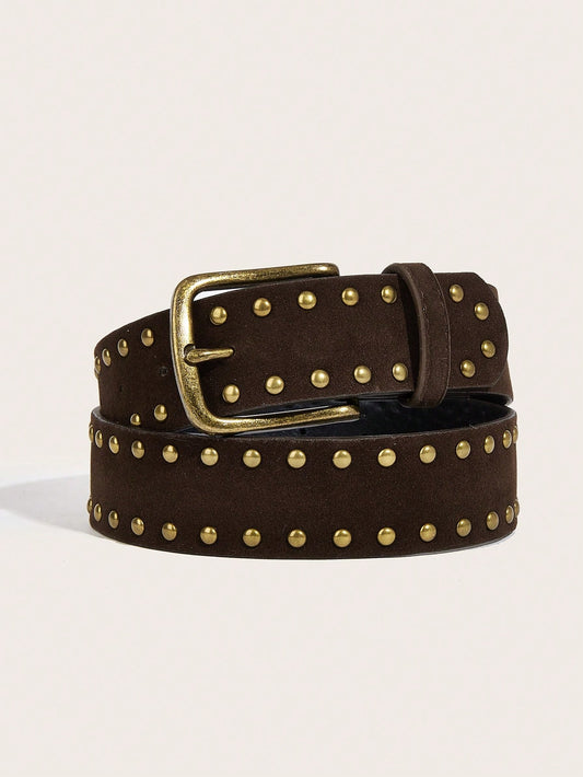 1pc Women's Vintage Copper Square Buckle Velvet Rivet Belt, Suitable For Dresses And Coats