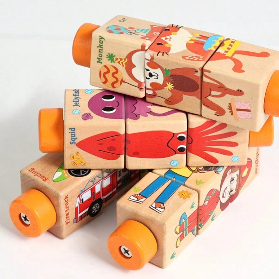 1pc Wooden Rotating Puzzle Blocks Montessori Toys, Suitable For 3-6 Years Old Kids, Infant Toys, Preschool Toys, Children's Wooden Puzzle Rotating Cube Toys, Themes Include Animals, Transportation, Oc