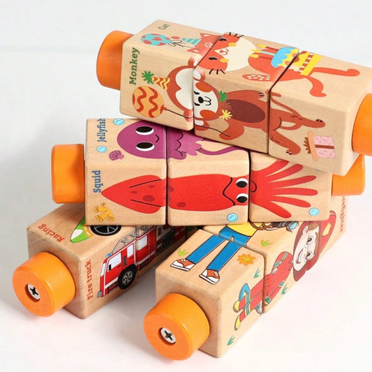 1pc Wooden Rotating Puzzle Blocks Montessori Toys, Suitable For 3-6 Years Old Kids, Infant Toys, Preschool Toys, Children's Wooden Puzzle Rotating Cube Toys, Themes Include Animals, Transportation, Oc
