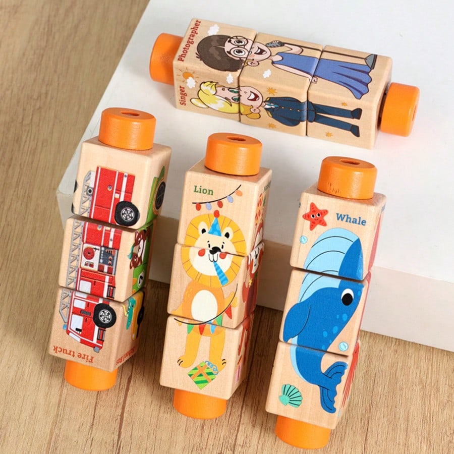 1pc Wooden Rotating Puzzle Blocks Montessori Toys, Suitable For 3-6 Years Old Kids, Infant Toys, Preschool Toys, Children's Wooden Puzzle Rotating Cube Toys, Themes Include Animals, Transportation, Oc