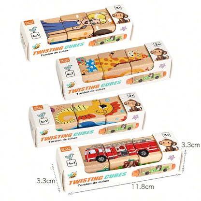 1pc Wooden Rotating Puzzle Blocks Montessori Toys, Suitable For 3-6 Years Old Kids, Infant Toys, Preschool Toys, Children's Wooden Puzzle Rotating Cube Toys, Themes Include Animals, Transportation, Oc