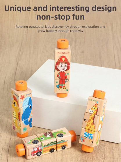 1pc Wooden Rotating Puzzle Blocks Montessori Toys, Suitable For 3-6 Years Old Kids, Infant Toys, Preschool Toys, Children's Wooden Puzzle Rotating Cube Toys, Themes Include Animals, Transportation, Oc