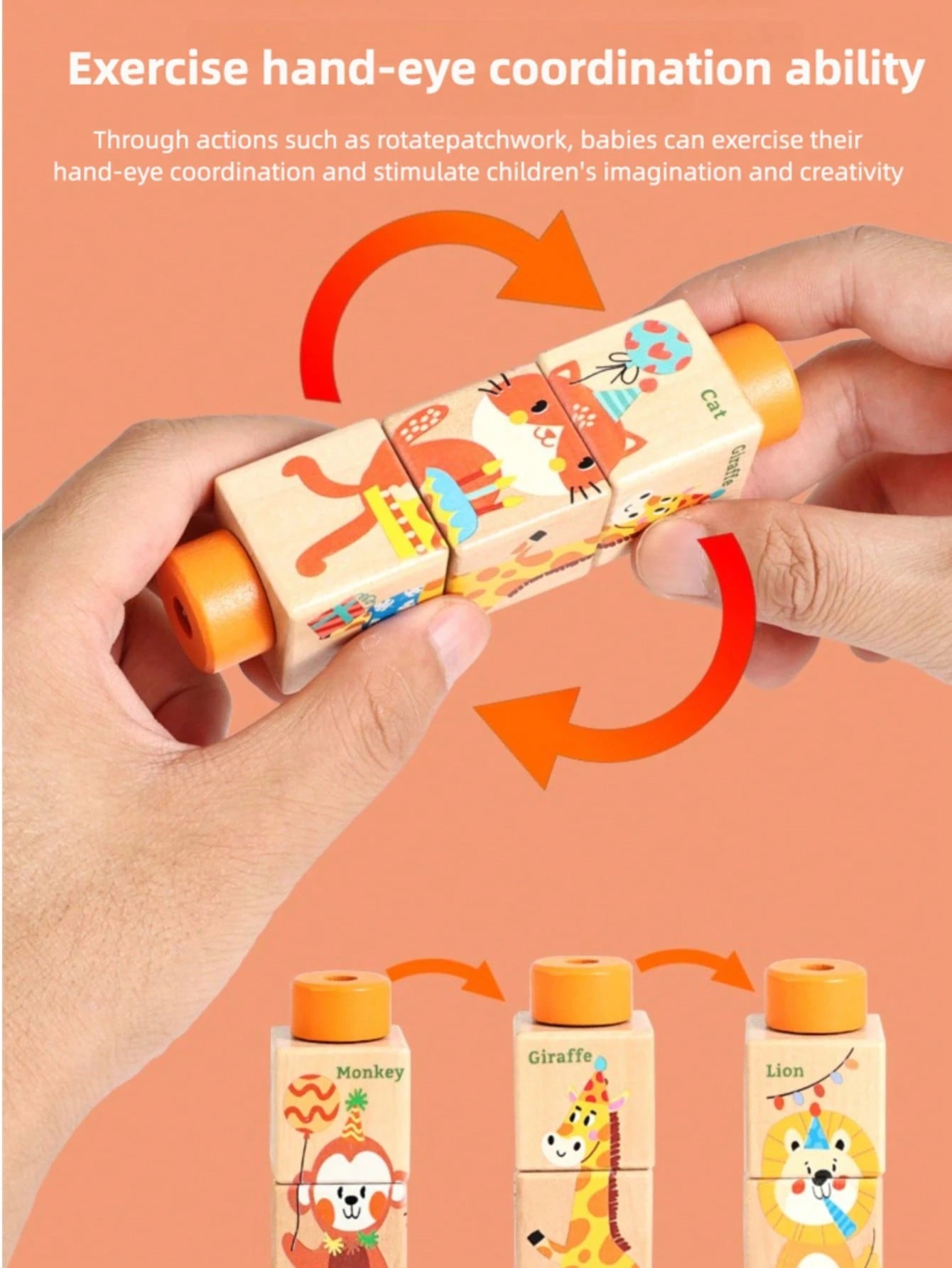 1pc Wooden Rotating Puzzle Blocks Montessori Toys, Suitable For 3-6 Years Old Kids, Infant Toys, Preschool Toys, Children's Wooden Puzzle Rotating Cube Toys, Themes Include Animals, Transportation, Oc