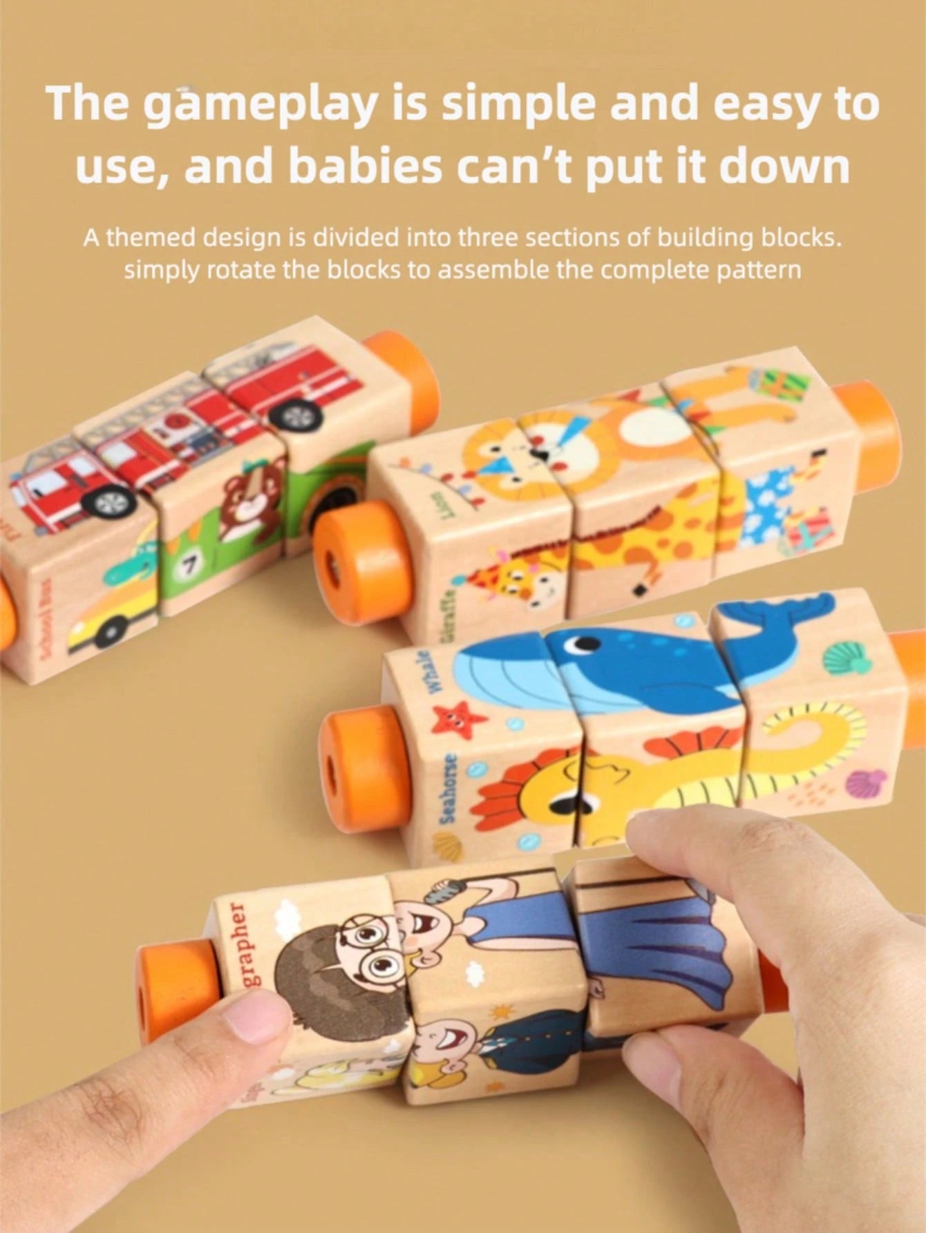1pc Wooden Rotating Puzzle Blocks Montessori Toys, Suitable For 3-6 Years Old Kids, Infant Toys, Preschool Toys, Children's Wooden Puzzle Rotating Cube Toys, Themes Include Animals, Transportation, Oc