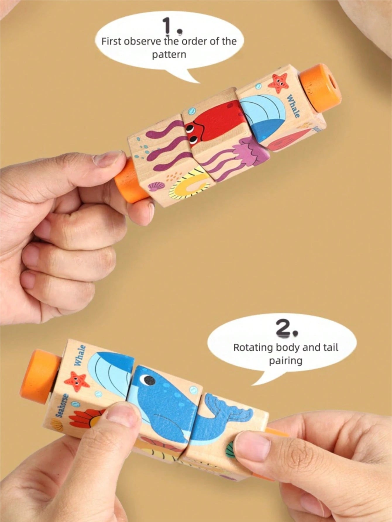 1pc Wooden Rotating Puzzle Blocks Montessori Toys, Suitable For 3-6 Years Old Kids, Infant Toys, Preschool Toys, Children's Wooden Puzzle Rotating Cube Toys, Themes Include Animals, Transportation, Oc