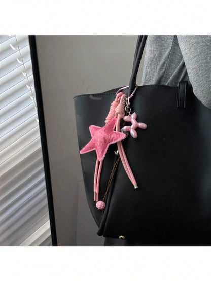 1pc Y2K Style Pink Star Bag Charm, Chenille Material, Keychain, Car Hanging Ornament. Valentine's Day Gift, Fashionable And Versatile, Suitable For Teenagers, Women, College Students, Teachers, White