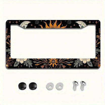 1pc, Metal License Plate Frame Cover Floral Sun And Moon Front License Plate Frame Car License Plate, Car Exterior, 16*31cm(6.2*12.2inch)