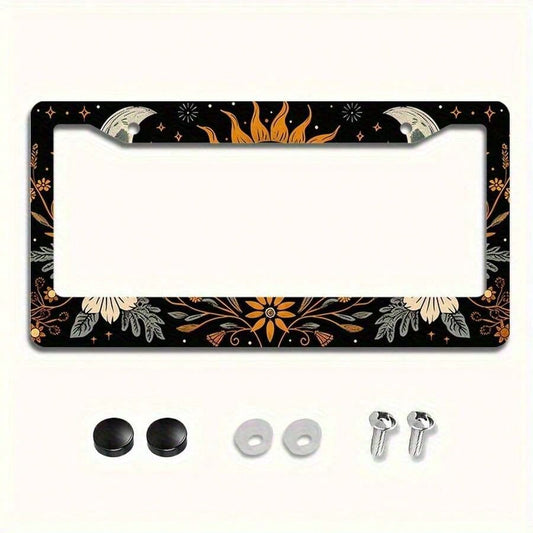 1pc, Metal License Plate Frame Cover Floral Sun And Moon Front License Plate Frame Car License Plate, Car Exterior, 16*31cm(6.2*12.2inch)