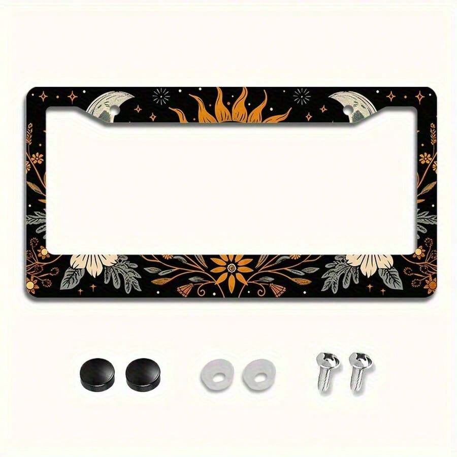 1pc, Metal License Plate Frame Cover Floral Sun And Moon Front License Plate Frame Car License Plate, Car Exterior, 16*31cm(6.2*12.2inch)