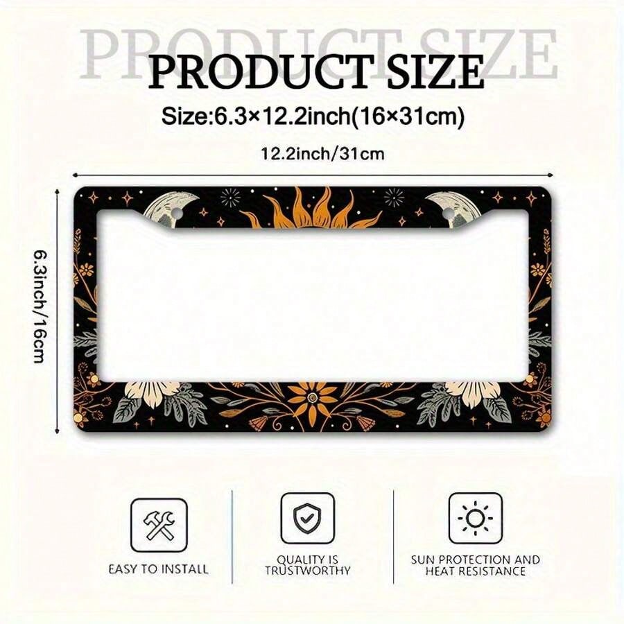 1pc, Metal License Plate Frame Cover Floral Sun And Moon Front License Plate Frame Car License Plate, Car Exterior, 16*31cm(6.2*12.2inch)