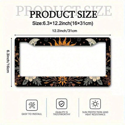 1pc, Metal License Plate Frame Cover Floral Sun And Moon Front License Plate Frame Car License Plate, Car Exterior, 16*31cm(6.2*12.2inch)