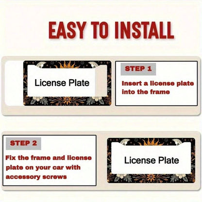 1pc, Metal License Plate Frame Cover Floral Sun And Moon Front License Plate Frame Car License Plate, Car Exterior, 16*31cm(6.2*12.2inch)