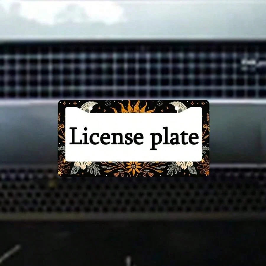1pc, Metal License Plate Frame Cover Floral Sun And Moon Front License Plate Frame Car License Plate, Car Exterior, 16*31cm(6.2*12.2inch)