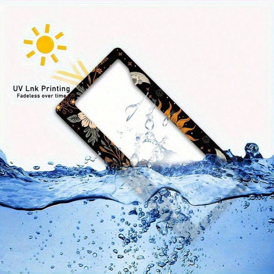 1pc, Metal License Plate Frame Cover Floral Sun And Moon Front License Plate Frame Car License Plate, Car Exterior, 16*31cm(6.2*12.2inch)