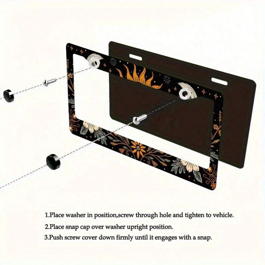 1pc, Metal License Plate Frame Cover Floral Sun And Moon Front License Plate Frame Car License Plate, Car Exterior, 16*31cm(6.2*12.2inch)