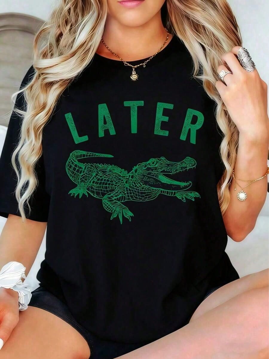 1Pcs,2026,100% Cotton Later Gator Shirt, Alligator Funny Offensive Crocodile Shirt, Loose Type Shirt For Women, Casual Simple Short Sleeve Women To