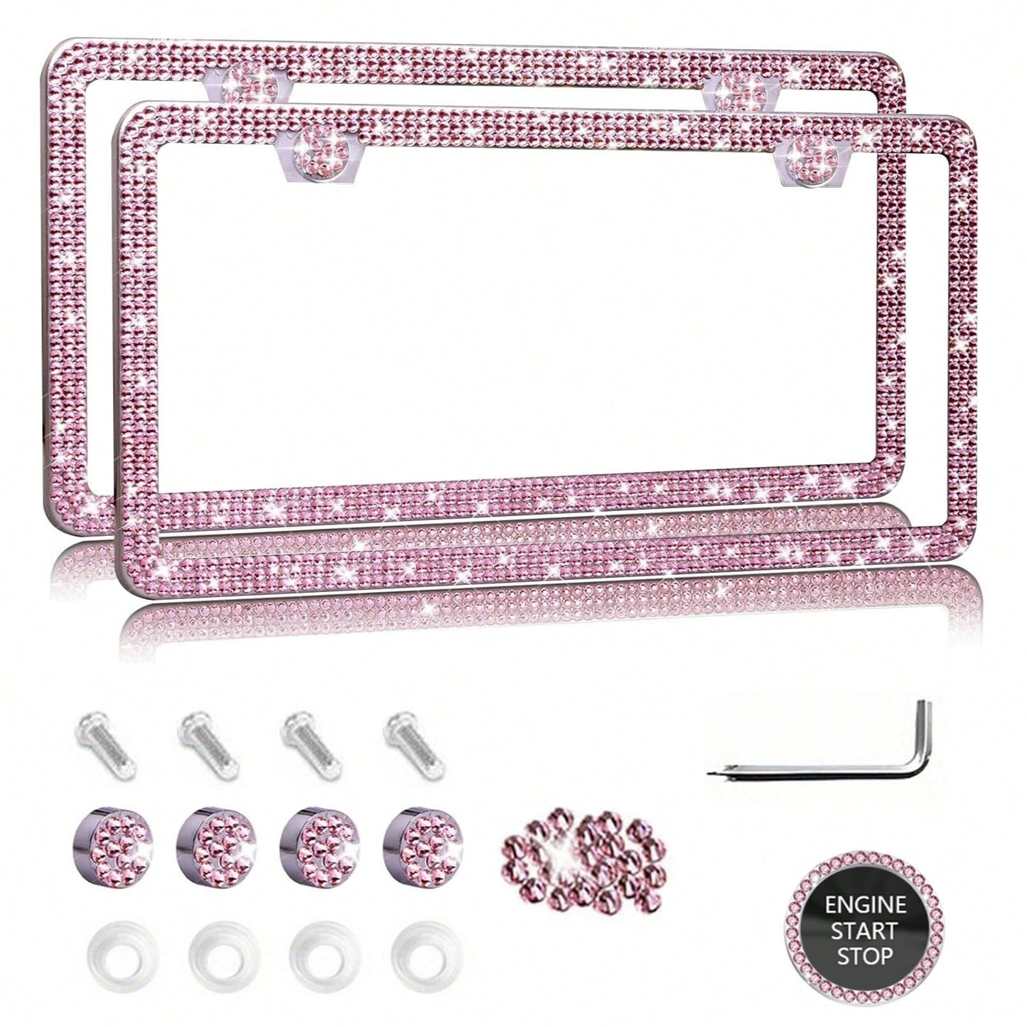 1PCS/2PCS Diamond Glitter Stainless Steel License Plate Frame, Ladies Car Decor, Comes With Easy Installation Kit And Start Button Sticker, For Car And SUV, American License Plate Standard, Fashion Ac