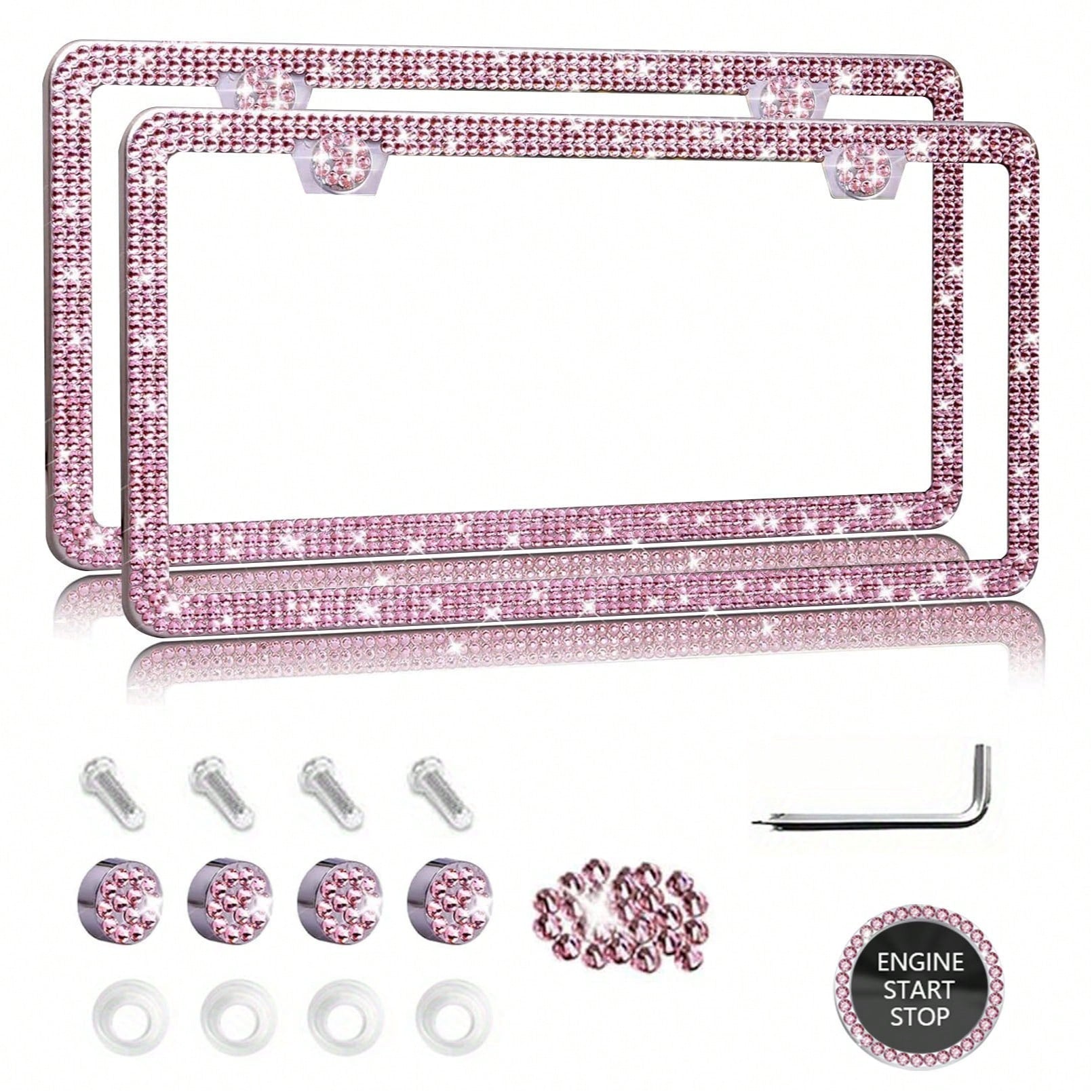 1PCS/2PCS Diamond Glitter Stainless Steel License Plate Frame, Ladies Car Decor, Comes With Easy Installation Kit And Start Button Sticker, For Car And SUV, American License Plate Standard, Fashion Ac