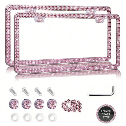 1PCS/2PCS Diamond Glitter Stainless Steel License Plate Frame, Ladies Car Decor, Comes With Easy Installation Kit And Start Button Sticker, For Car And SUV, American License Plate Standard, Fashion Ac