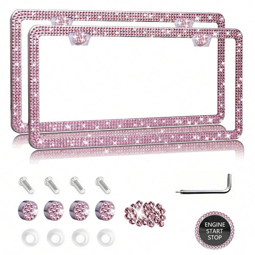 1PCS/2PCS Diamond Glitter Stainless Steel License Plate Frame, Ladies Car Decor, Comes With Easy Installation Kit And Start Button Sticker, For Car And SUV, American License Plate Standard, Fashion Ac