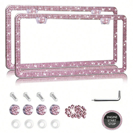 1PCS/2PCS Diamond Glitter Stainless Steel License Plate Frame, Ladies Car Decor, Comes With Easy Installation Kit And Start Button Sticker, For Car And SUV, American License Plate Standard, Fashion Ac