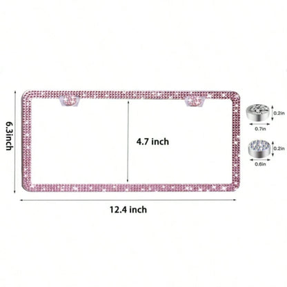 1PCS/2PCS Diamond Glitter Stainless Steel License Plate Frame, Ladies Car Decor, Comes With Easy Installation Kit And Start Button Sticker, For Car And SUV, American License Plate Standard, Fashion Ac