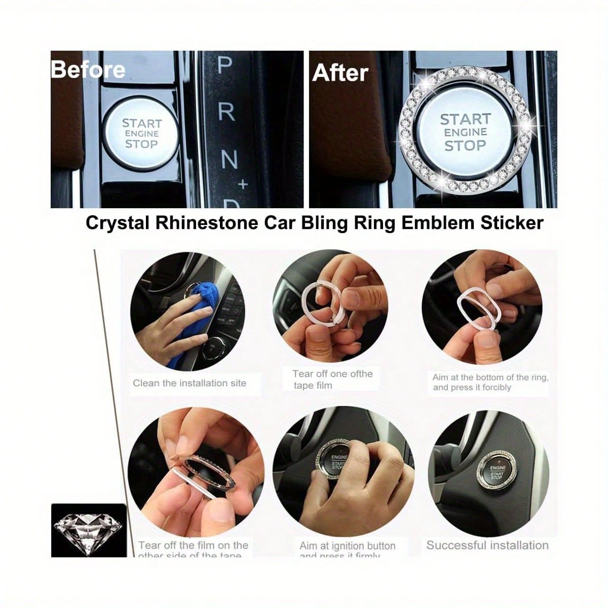 1PCS/2PCS Diamond Glitter Stainless Steel License Plate Frame, Ladies Car Decor, Comes With Easy Installation Kit And Start Button Sticker, For Car And SUV, American License Plate Standard, Fashion Ac