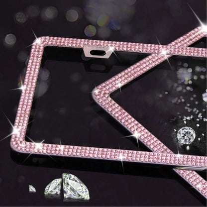 1PCS/2PCS Diamond Glitter Stainless Steel License Plate Frame, Ladies Car Decor, Comes With Easy Installation Kit And Start Button Sticker, For Car And SUV, American License Plate Standard, Fashion Ac