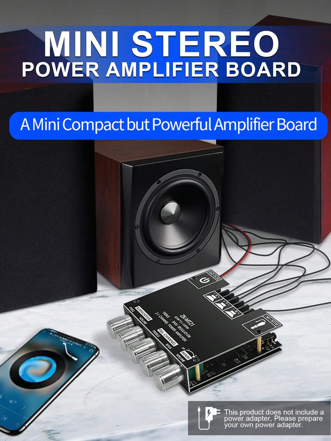 2.1 Channel Audio Power Amplifier Board, 50W*2+100W, With Treble And Bass Control, Suitable For DIY Speakers And Home Theater Systems