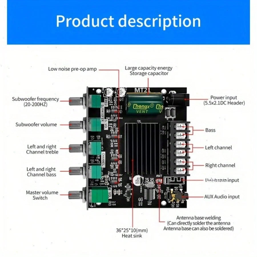 2.1 Channel Audio Power Amplifier Board, 50W*2+100W, With Treble And Bass Control, Suitable For DIY Speakers And Home Theater Systems