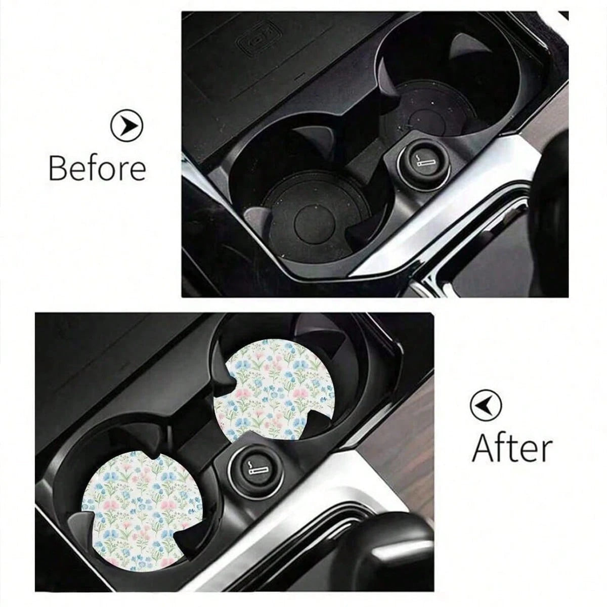 2/1pc Floral Car Cup Holder Coaster, Absorbent Ceramic Car Drink Cup Holder Pad, Cute Flower Pattern Car Interior Accessory Decoration, Waterproof Car Cup Holder Coaster, Suitable For Most Car Cup Hol