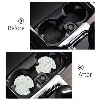 2/1pc Floral Car Cup Holder Coaster, Absorbent Ceramic Car Drink Cup Holder Pad, Cute Flower Pattern Car Interior Accessory Decoration, Waterproof Car Cup Holder Coaster, Suitable For Most Car Cup Hol