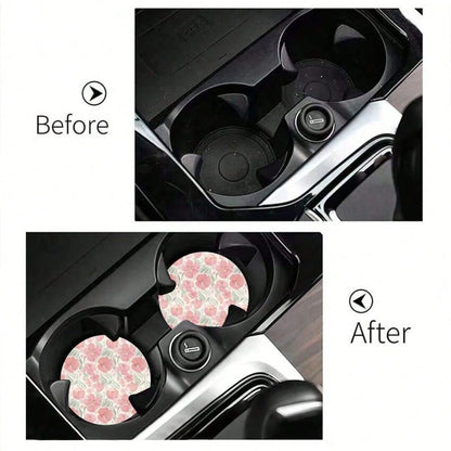 2/1pc Floral Car Cup Holder Coaster, Absorbent Ceramic Car Drink Cup Holder Pad, Cute Flower Pattern Car Interior Accessory Decoration, Waterproof Car Cup Holder Coaster, Suitable For Most Car Cup Hol
